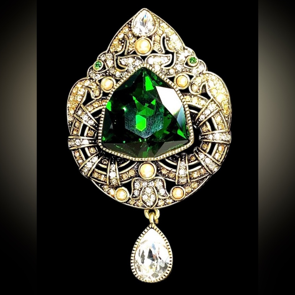 Heidi Daus Emerald Green Crystal Brooch, Faux Pearl Teardrop Dangle